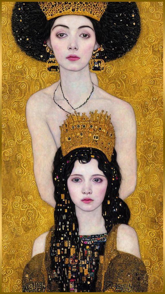 Experience the stunning beauty of women in HEL MORT's Before the Storm® Paintings. These mesmerizing portraits, painted in Klimt style and adorned with gold, capture the essence of femininity in all its glory. Add a touch of enchantment to your art collection. Order now.
