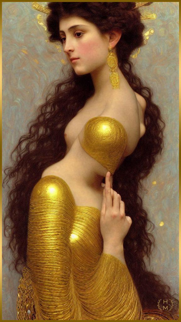 View captivating paintings of fair-skinned women adorned in gold and exuding a Baroque elegance in HEL MORT's Iris Beauty® series - a stunning celebration of color and form.
