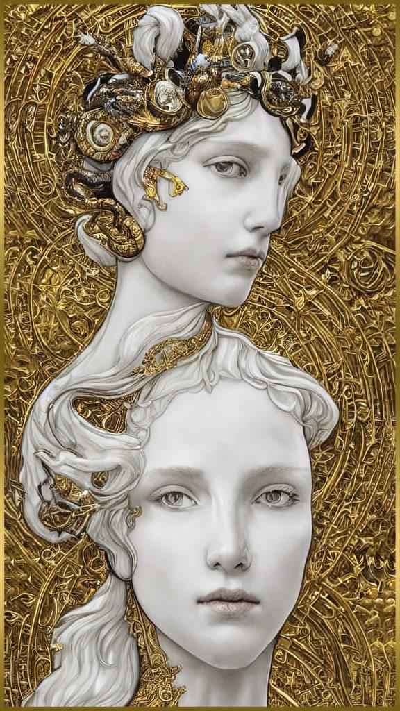 Discover the intricate beauty of HEL MORT's Memory of Her paintings, featuring abstract women's portraits inspired by Victorian cameos. This image showcases a stunning portrait of a woman with delicate features, intricate patterns, and rich colors, evoking a sense of nostalgia and elegance.