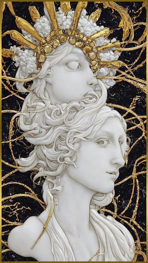 Discover the intricate beauty of HEL MORT's Memory of Her paintings, featuring abstract women's portraits inspired by Victorian cameos. This image showcases a stunning portrait of a woman with delicate features, intricate patterns, and rich colors, evoking a sense of nostalgia and elegance.